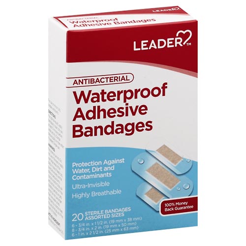 Image for Leader Adhesive Bandages, Antibacterial, Waterproof, Assorted Sizes,20ea from Dave's Pharmacy