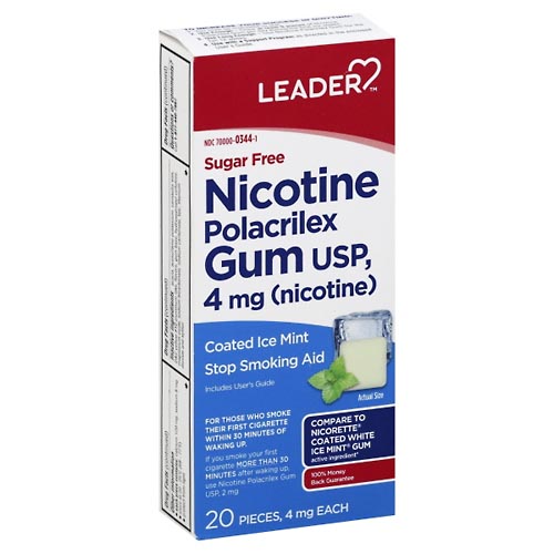 Image for Leader Nicotine Polacrilex Gum, 4 mg, Coated Ice Mint,20ea from Dave's Pharmacy