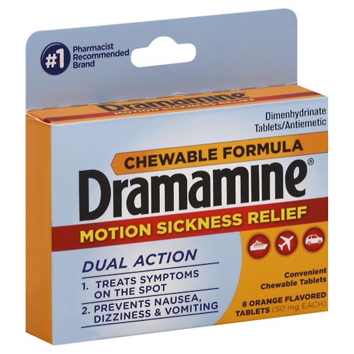 Image for Dramamine Motion Sickness Relief, 50 mg, Chewable Tablets, Orange Flavored,8ea from Dave's Pharmacy