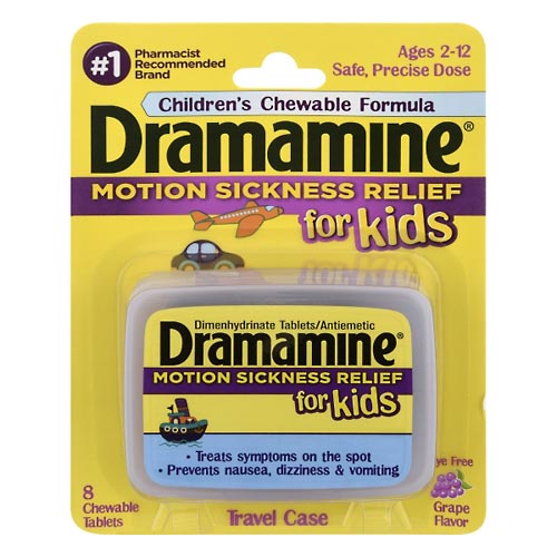 Image for Dramamine Motion Sickness Relief, for Kids, Travel Case, Chewable Tablets, Grape Flavor,8ea from Dave's Pharmacy